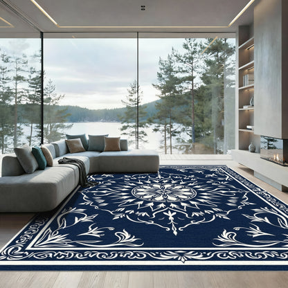 Deep Navy White Floral Medallion Rug