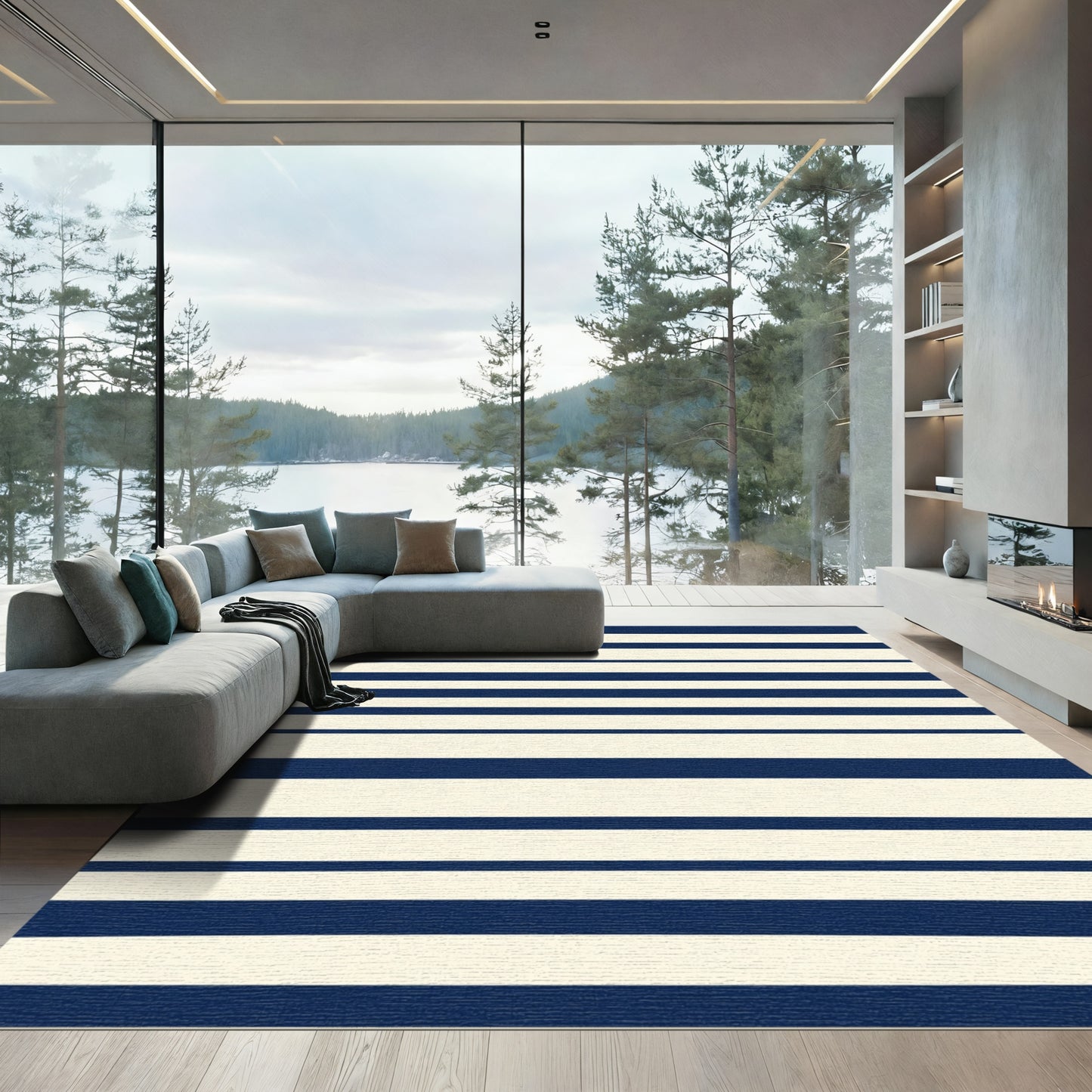 Deep Blue Ivory Horizontal Bands Rug