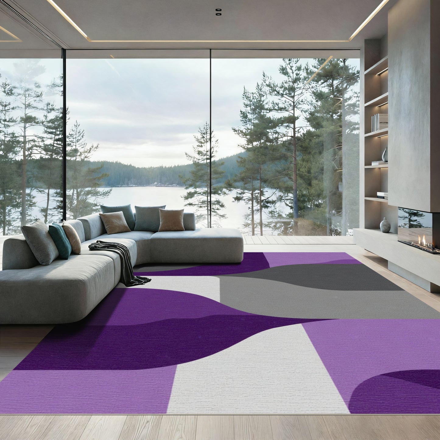 Modern Abstract Purple Gray Curves Rug