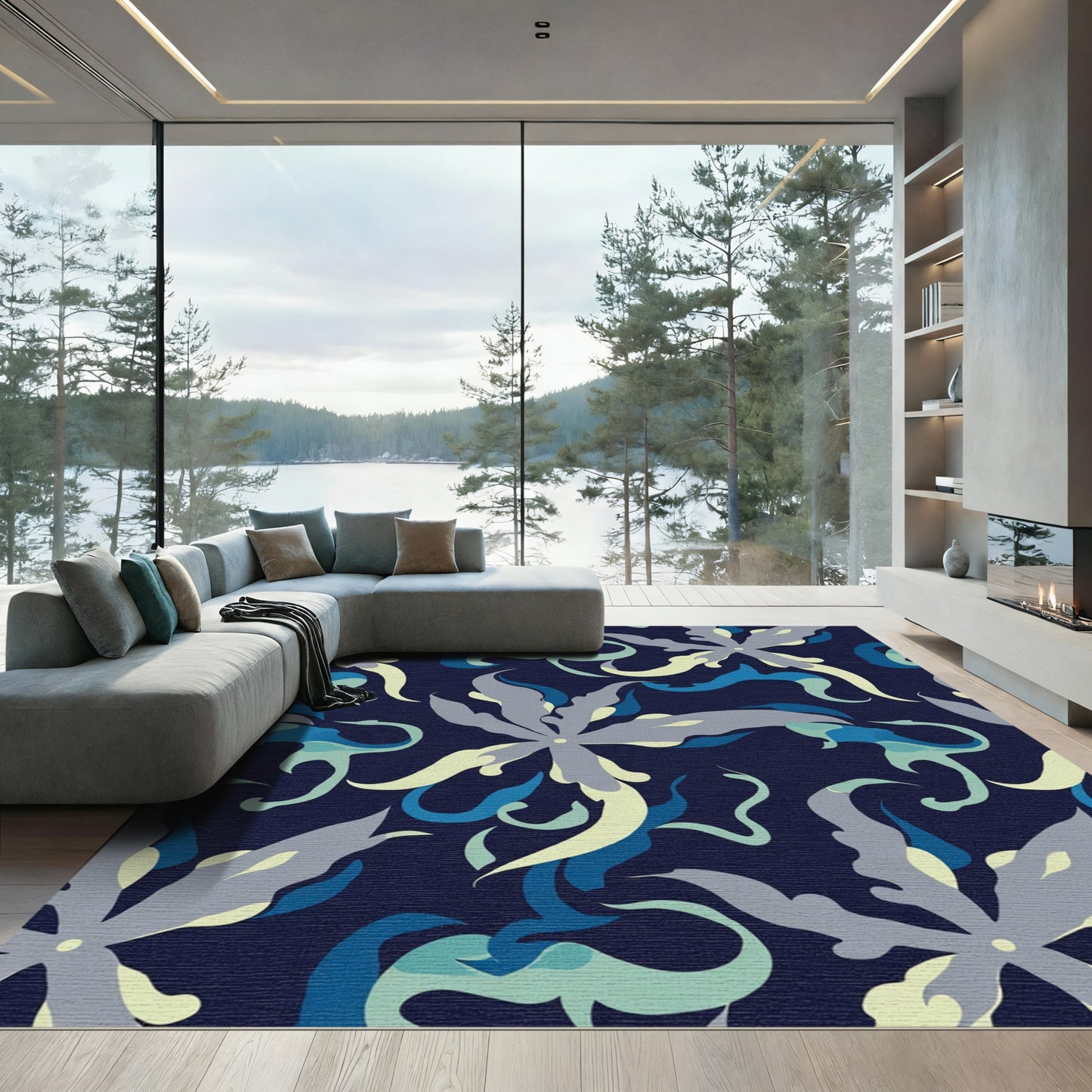 Dark Blue Floral Wave Rug