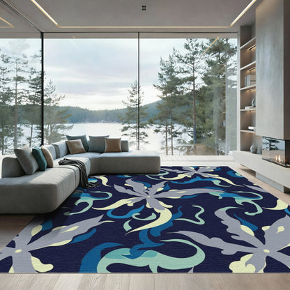 Dark Blue Floral Wave Rug