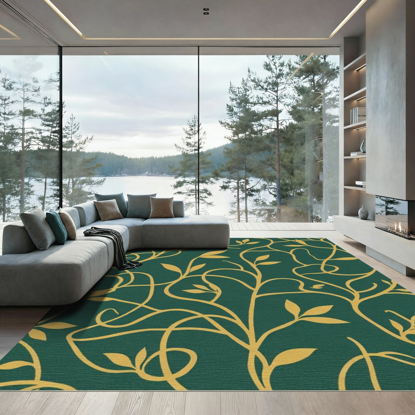 Emerald Green Golden Vine Swirl Rug