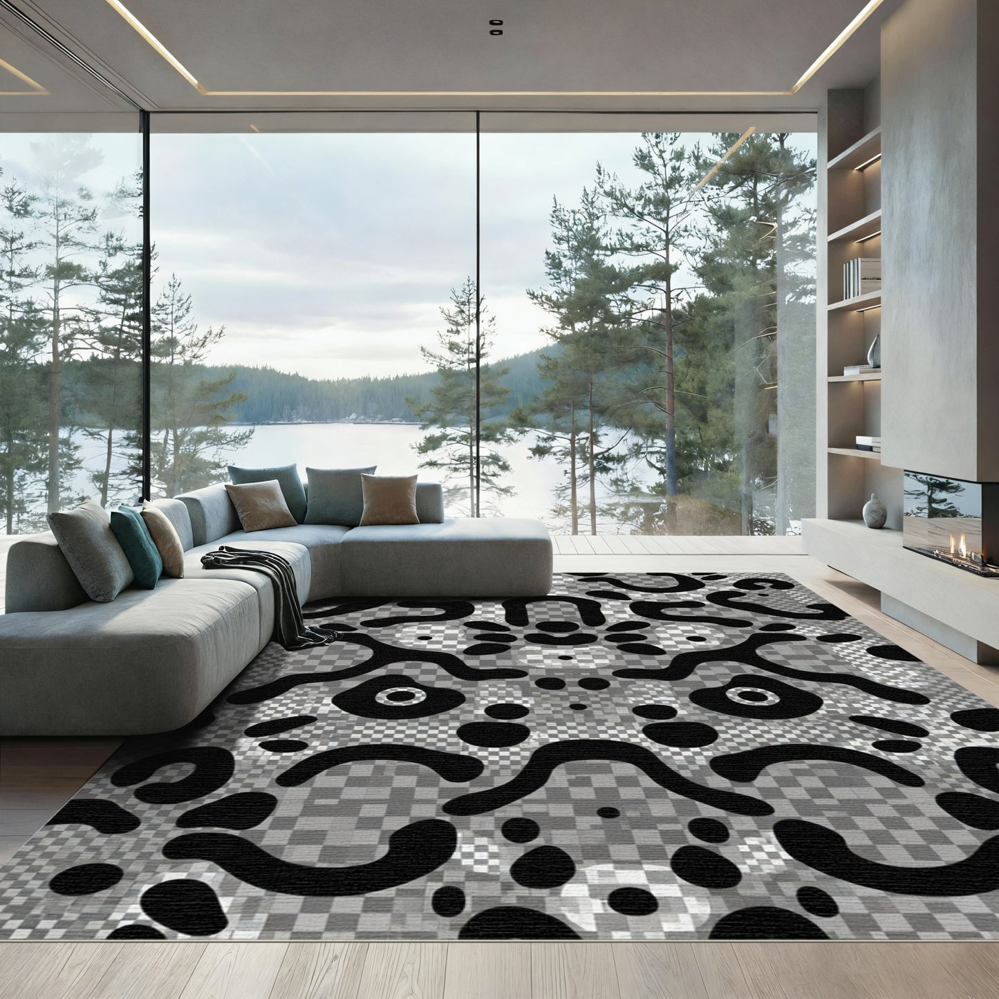 Abstract Black Liquid Checkered Organic Rug
