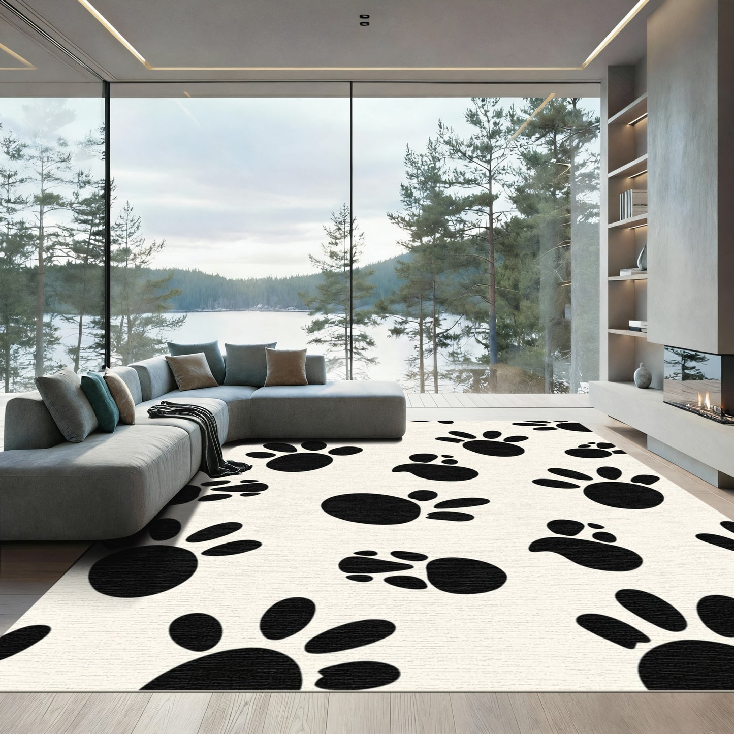 Black Paw Prints Cream Background Rug
