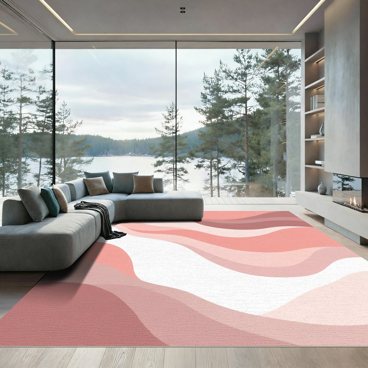 Coral Pink Gradient Wave Rug