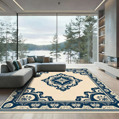 Navy Blue Cream Mandala Medallion Rug