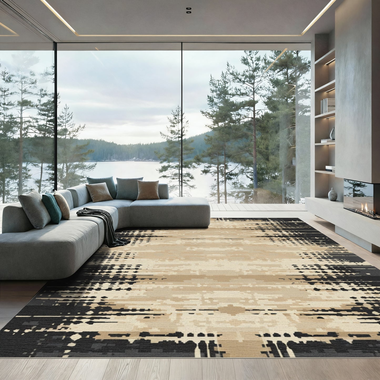 Distressed Black Tan Horizontal Stripe Rug