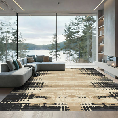 Distressed Black Tan Horizontal Stripe Rug