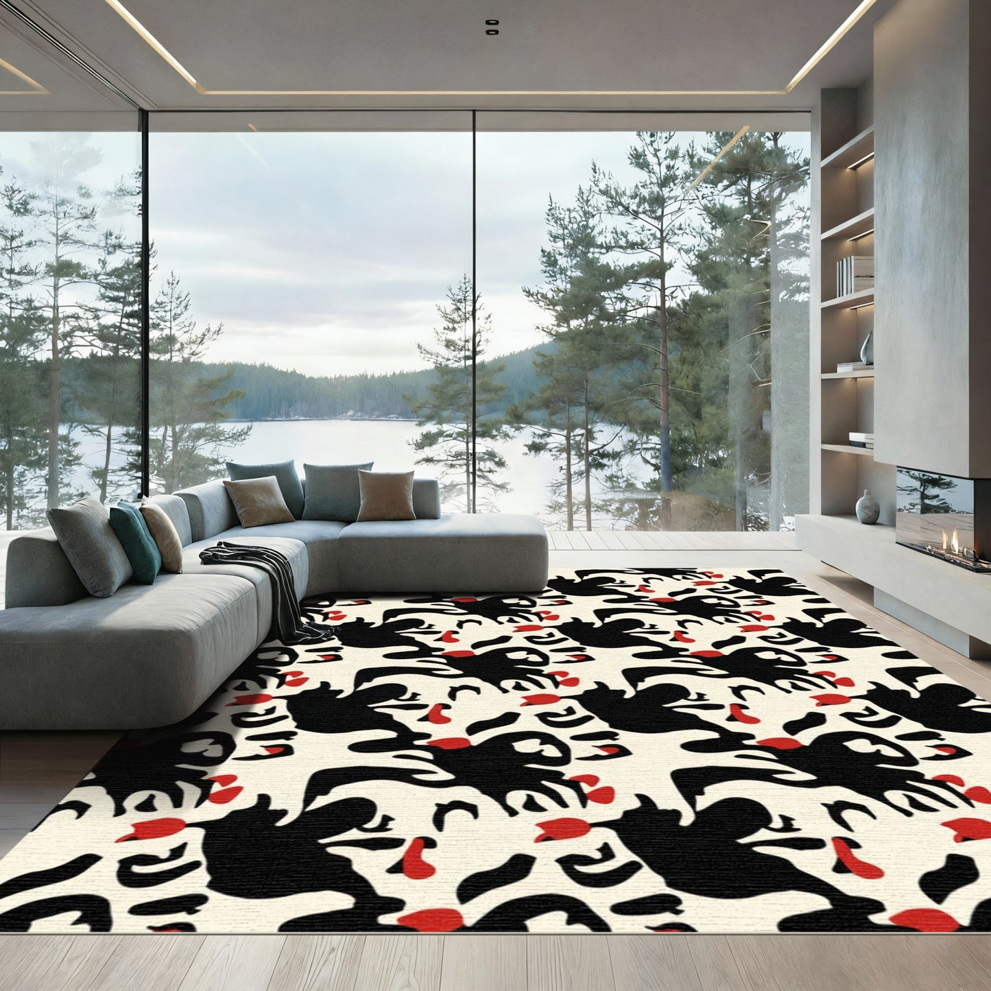 Bold Abstract Black Red Shapes Rug