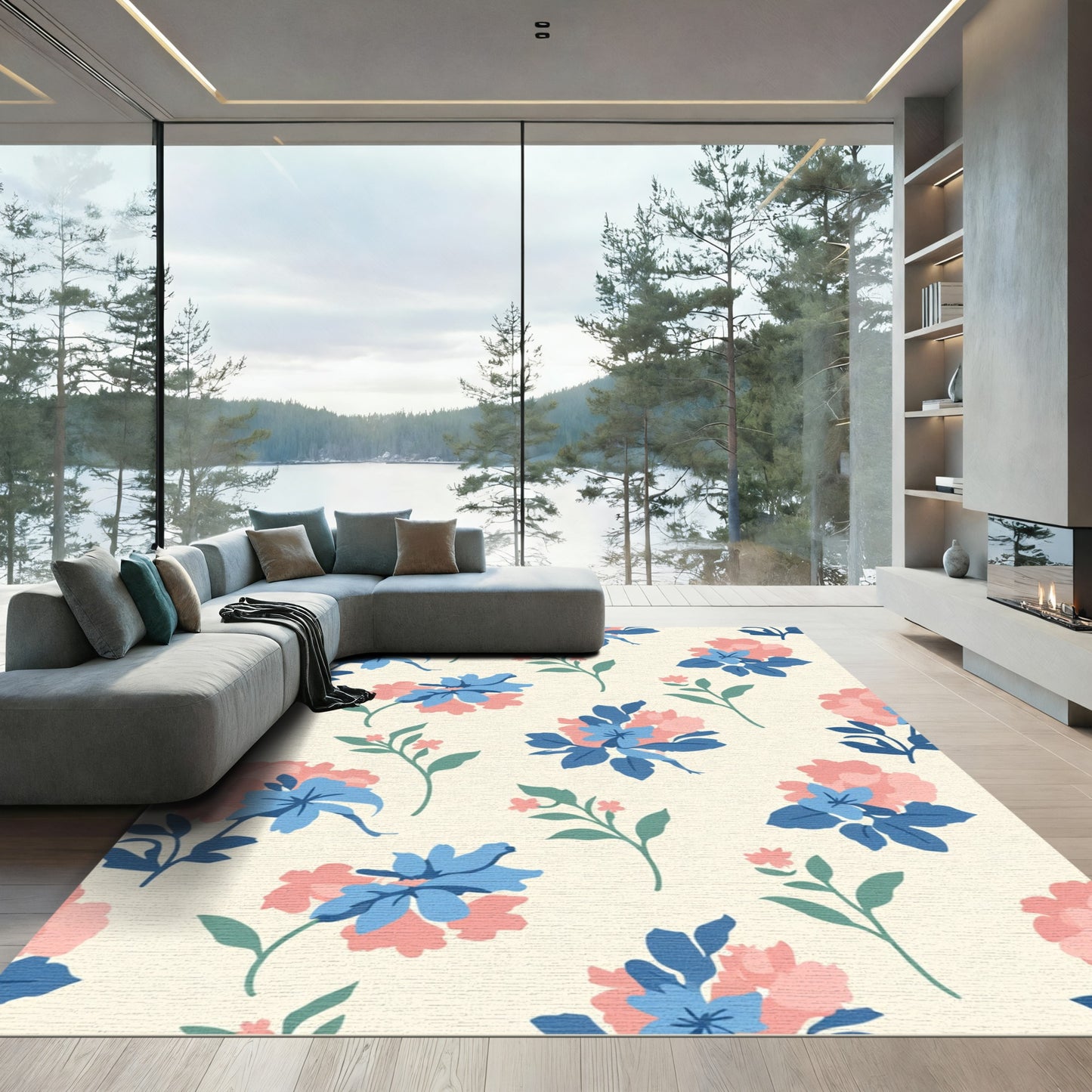 Coral Blue Floral Botanical Arrangement Rug
