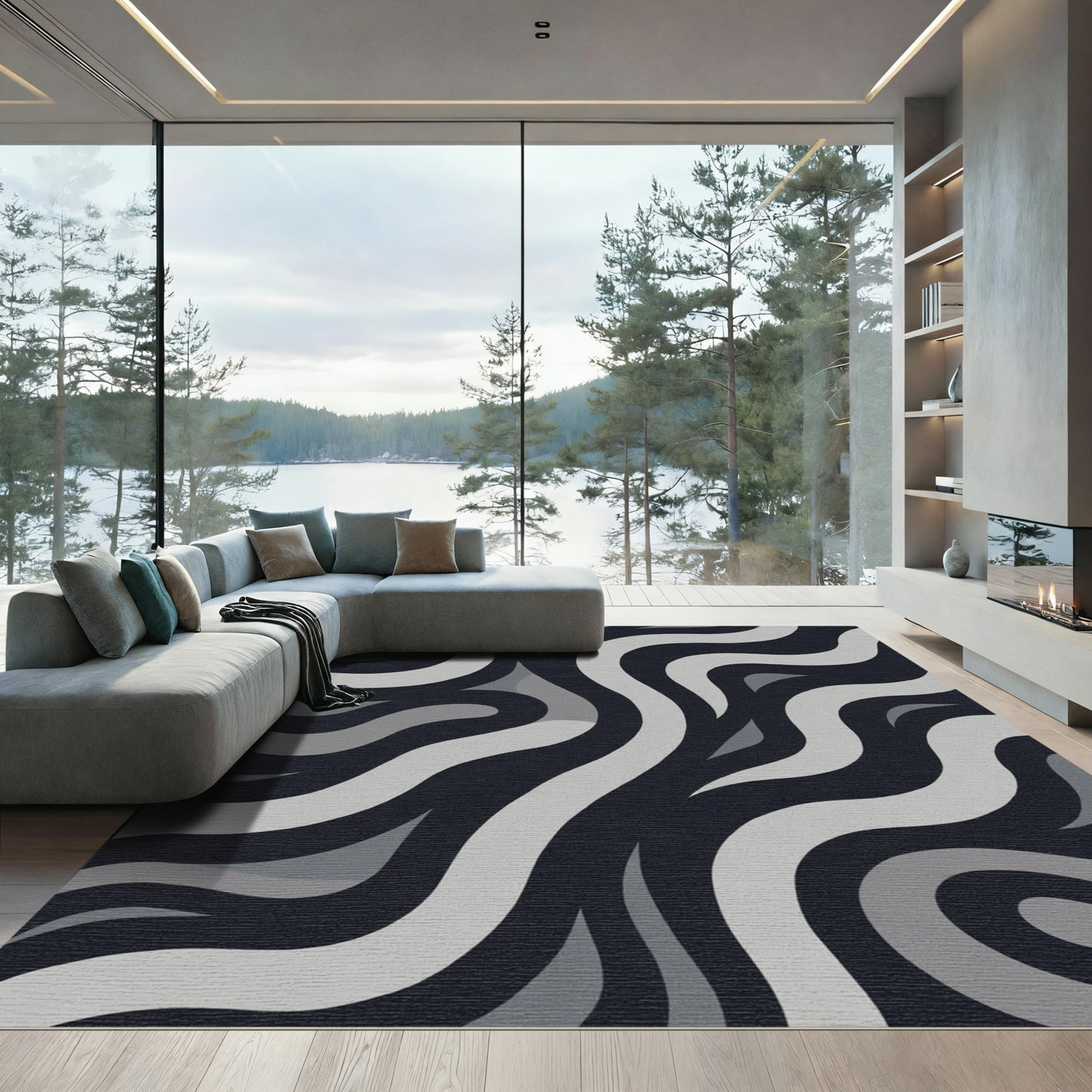 Dark Gray Abstract Wave Organic Rug