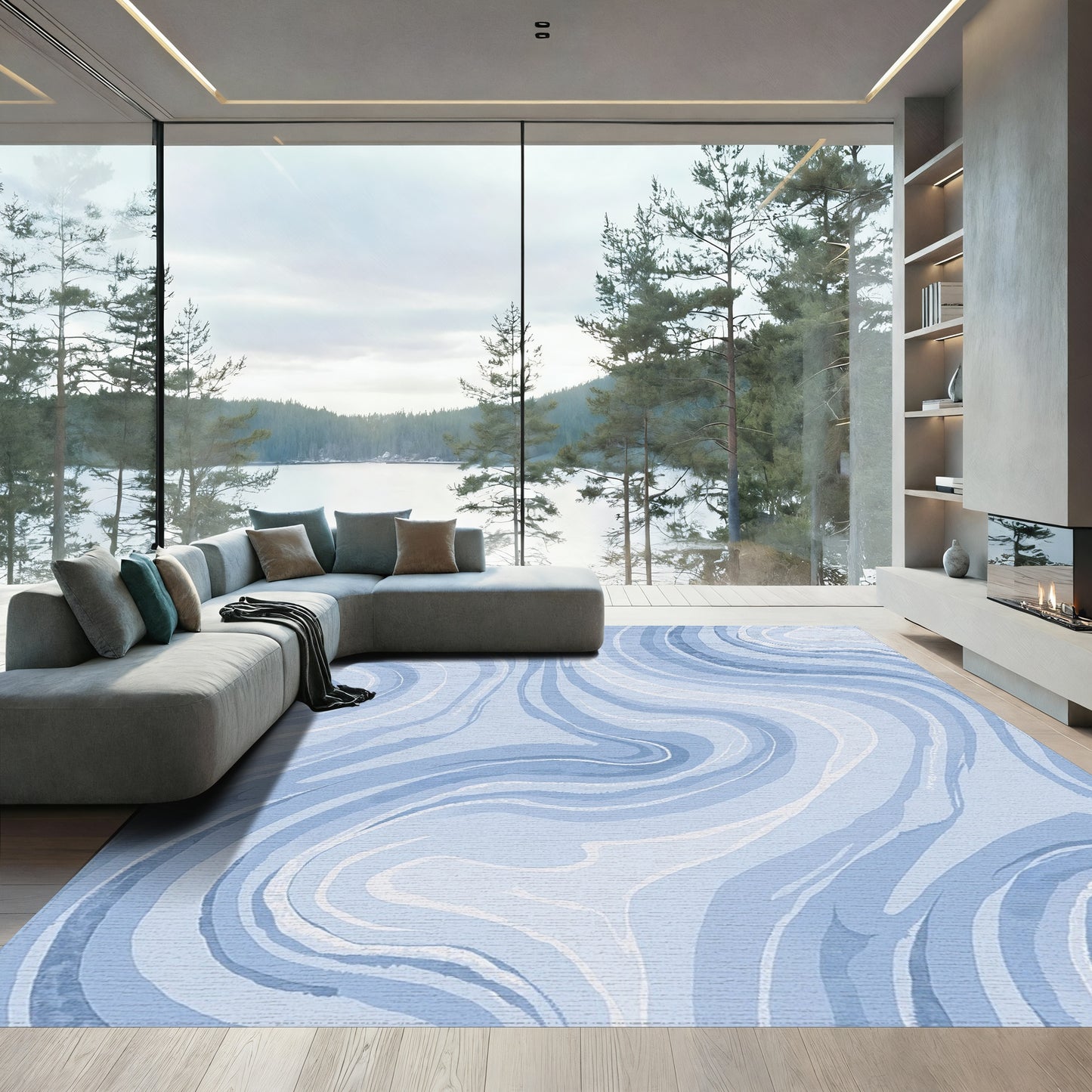 Swirling Blue Marble Abstract Rug