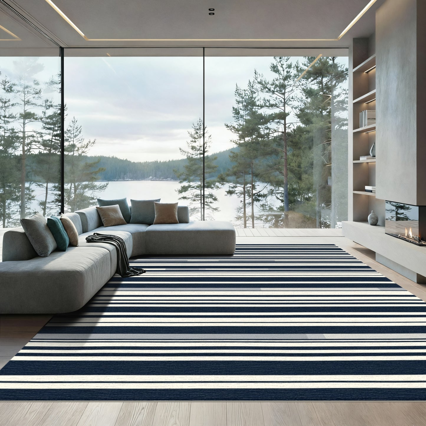 Navy Cream Horizontal Linear Rug