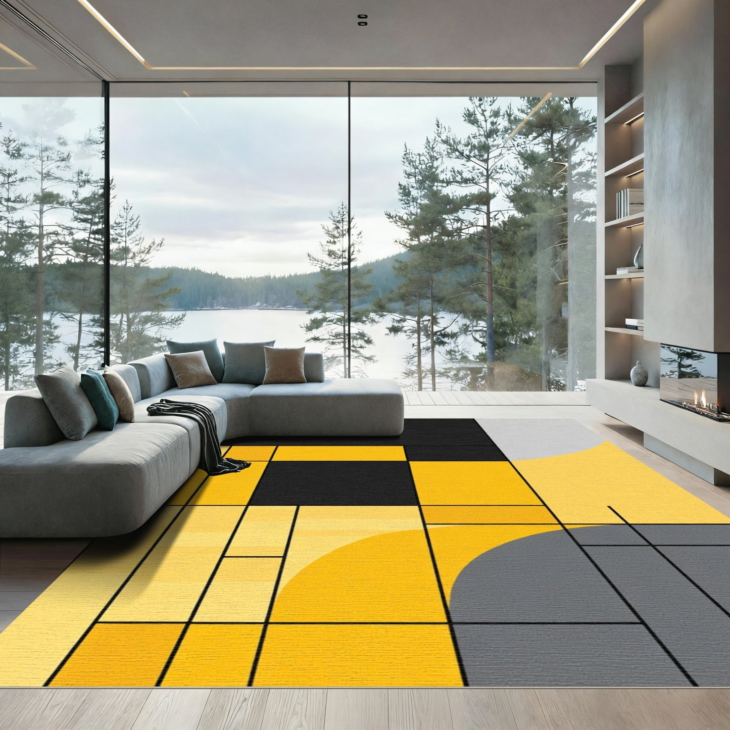 Abstract Black Yellow Gray Squares Rug