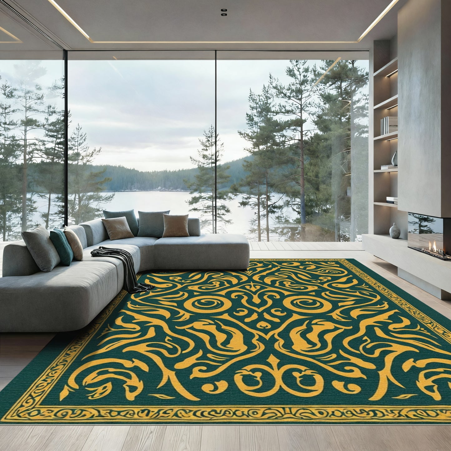 Emerald Golden Floral Symmetry Rug