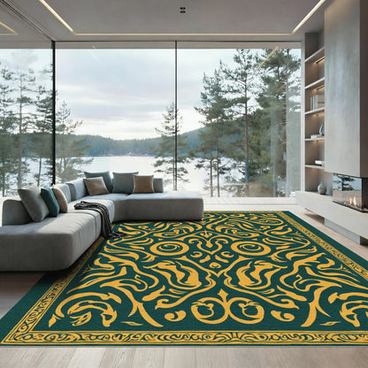 Emerald Golden Floral Symmetry Rug