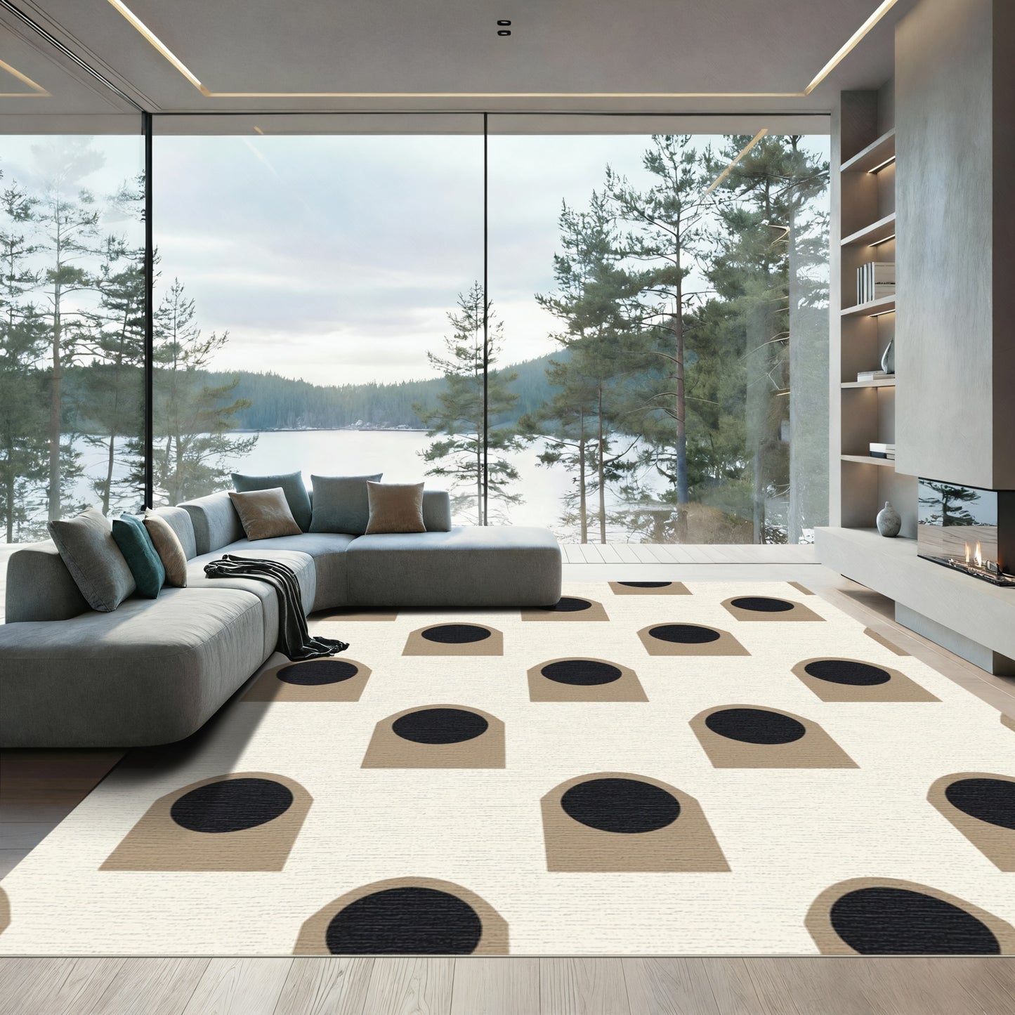 Neutral Tan Black Arch Circle Rug