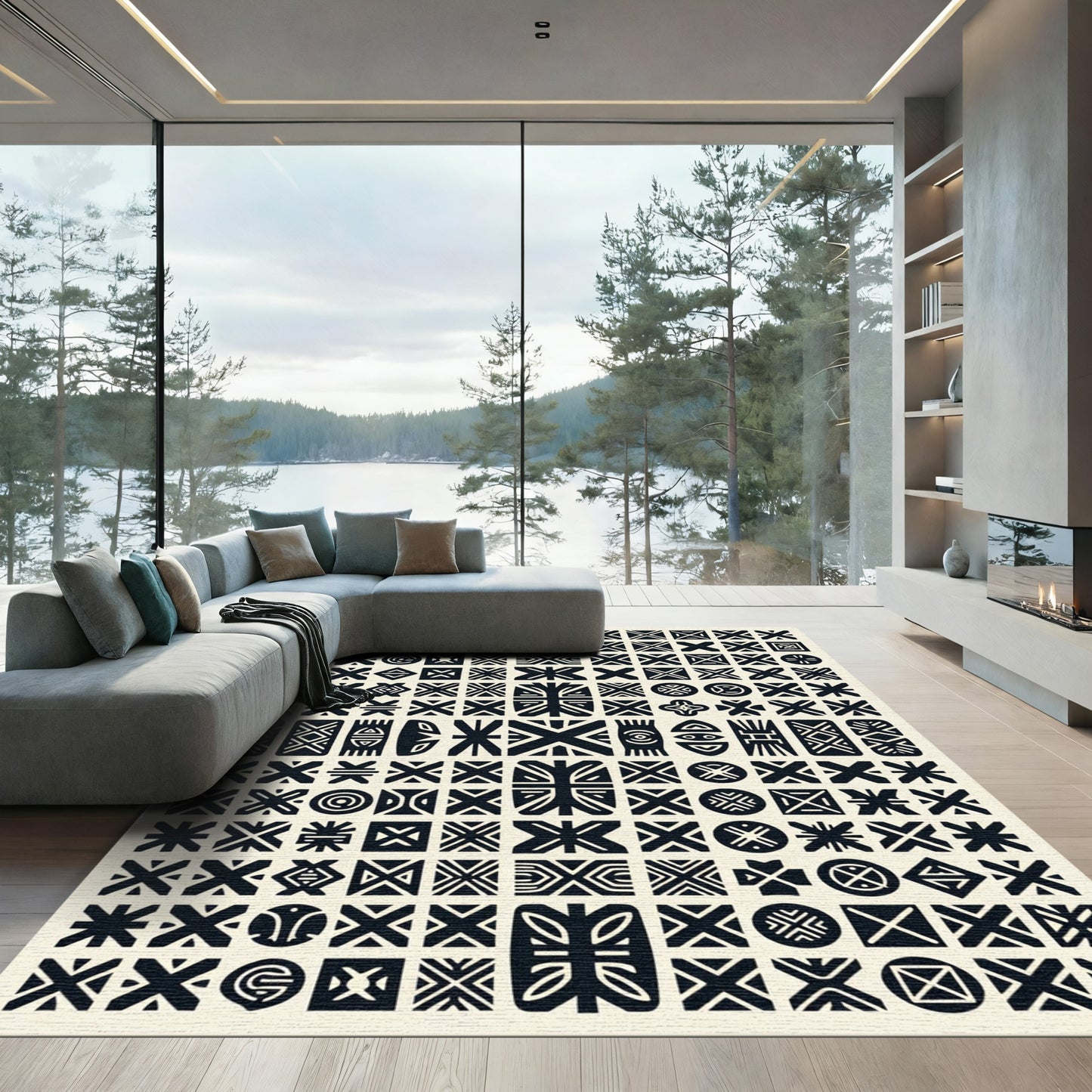 Tribal Geometric Black Symbols Rug
