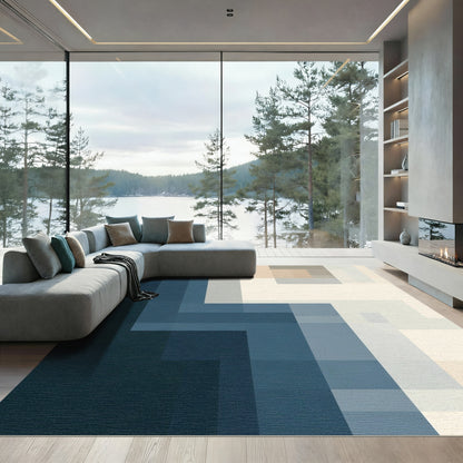 Modern Geometric Blue Neutral Abstract Rug