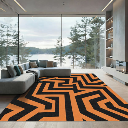 Orange Black Geometric Maze Rug