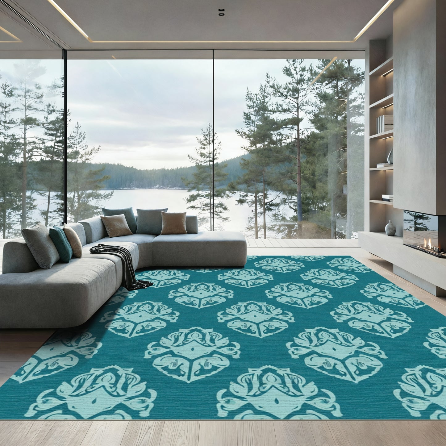 Teal Damask Art Deco Medallion Rug