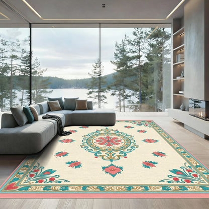 Teal Coral Floral Medallion Cream Rug