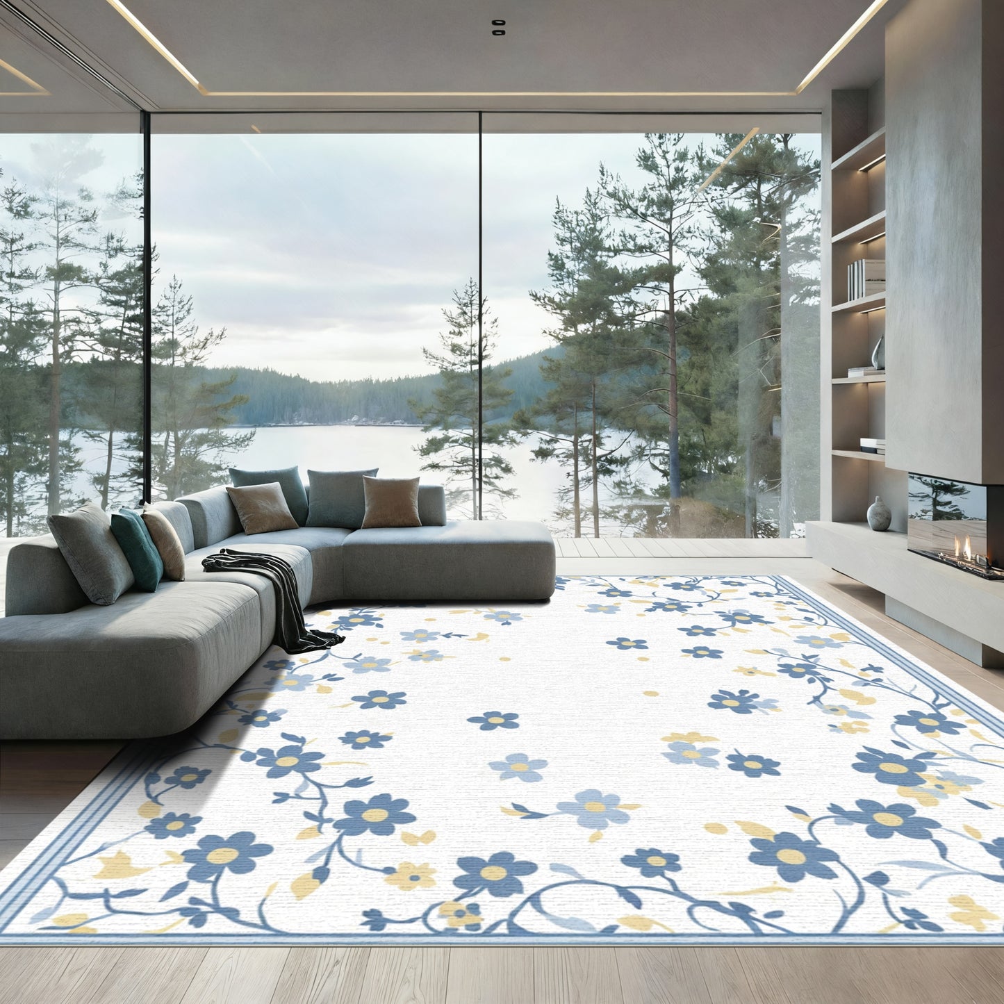 Light Blue Floral Vine Garden Rug