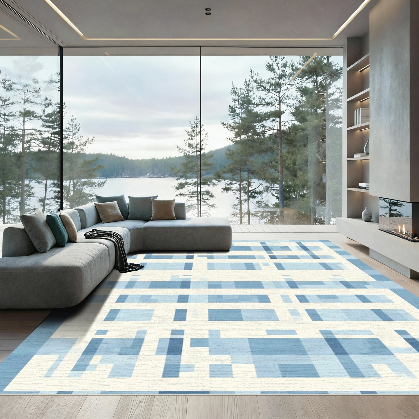 Modern Blue White Geometric Grid Rug