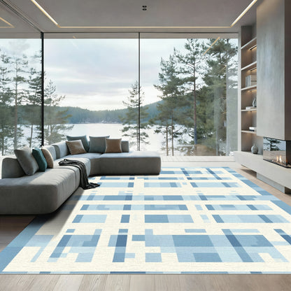 Modern Blue White Geometric Grid Rug