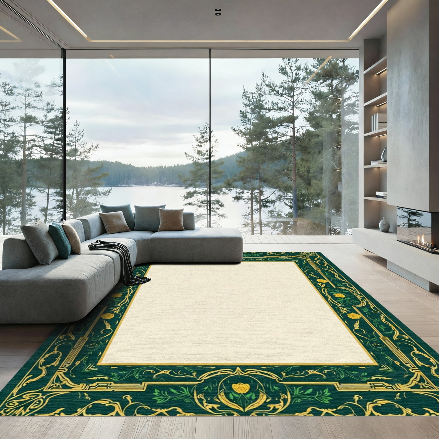 Emerald Gold Yellow Rose Border Rug
