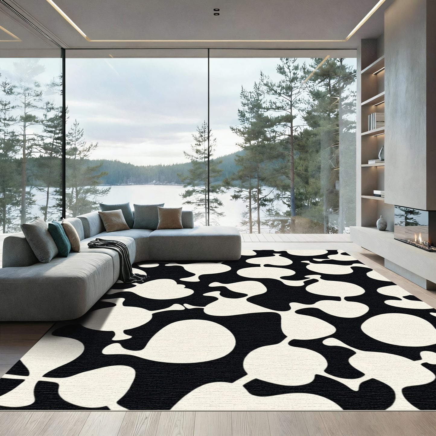 Mid-century Organic Black Cream Shapes Rug
