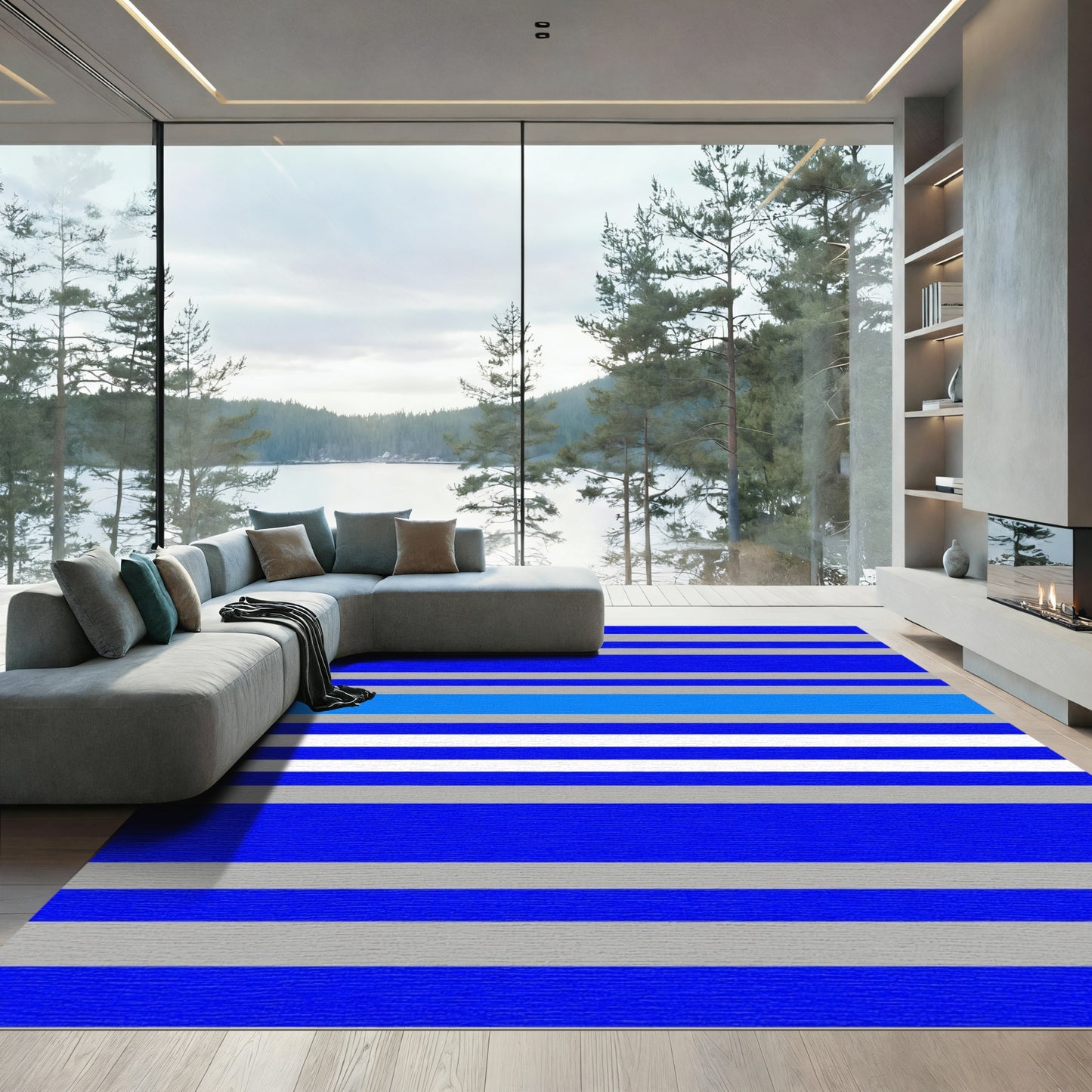 Bold Blue White Gray Striped Rug