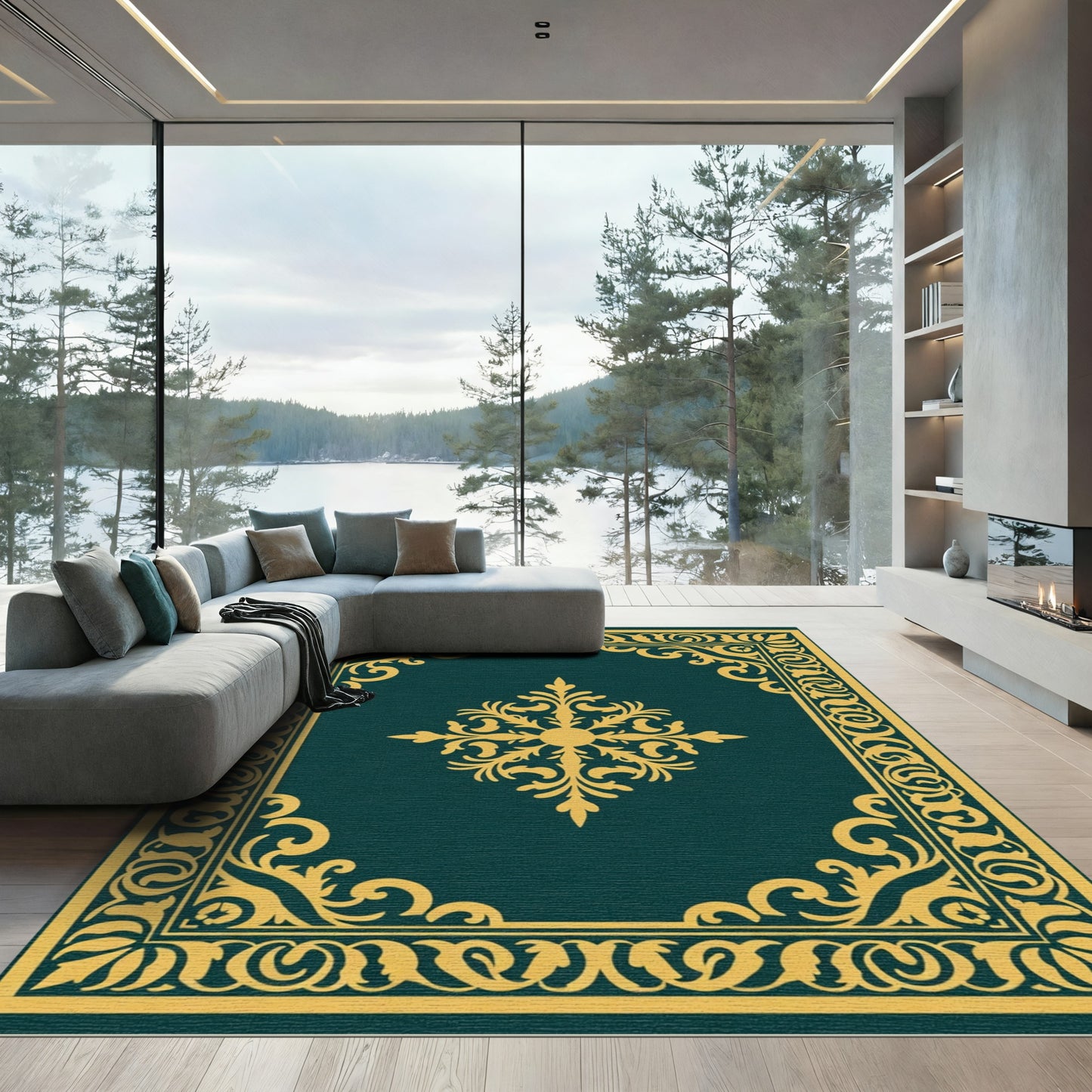 Deep Teal Golden Scroll Floral Medallion Rug