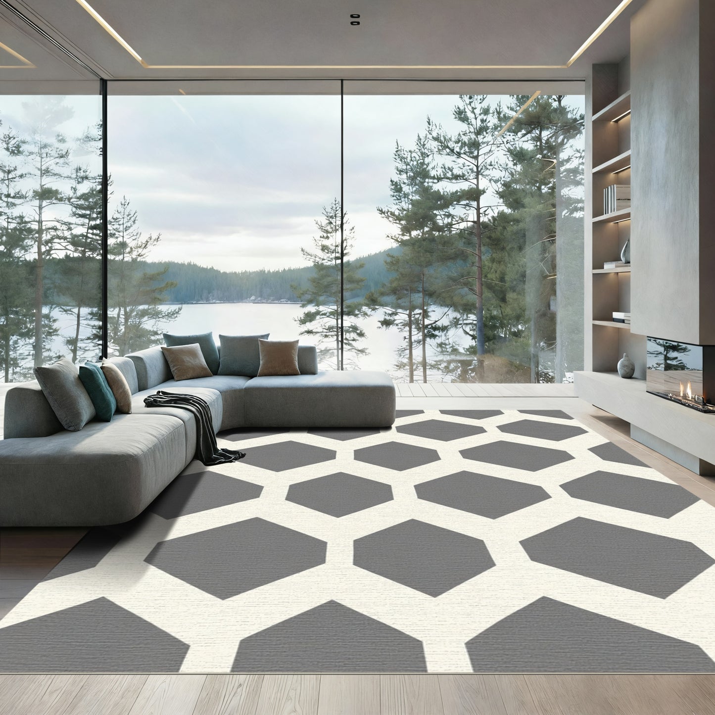 Gray Cream Hexagonal Lattice Rug