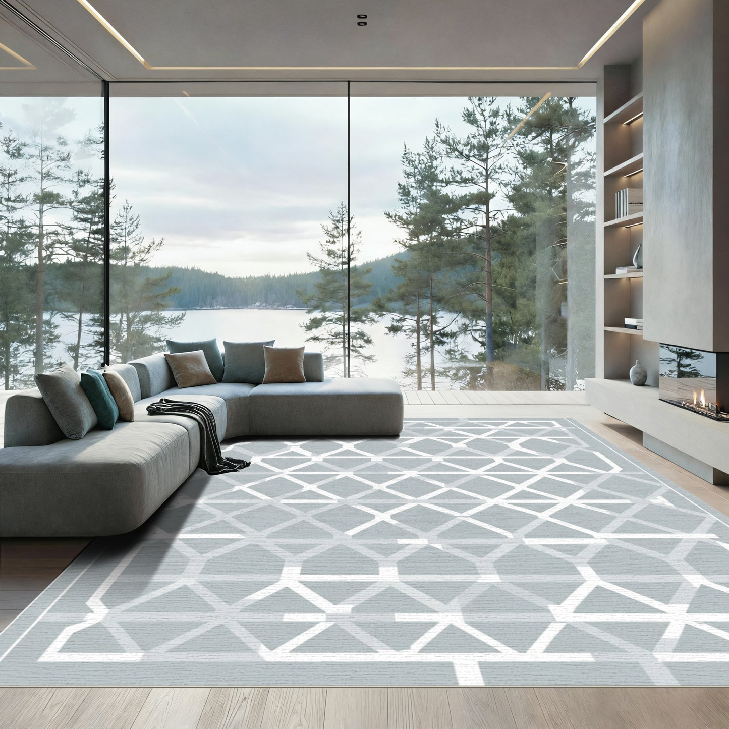 Geometric Lattice Gray White Rug