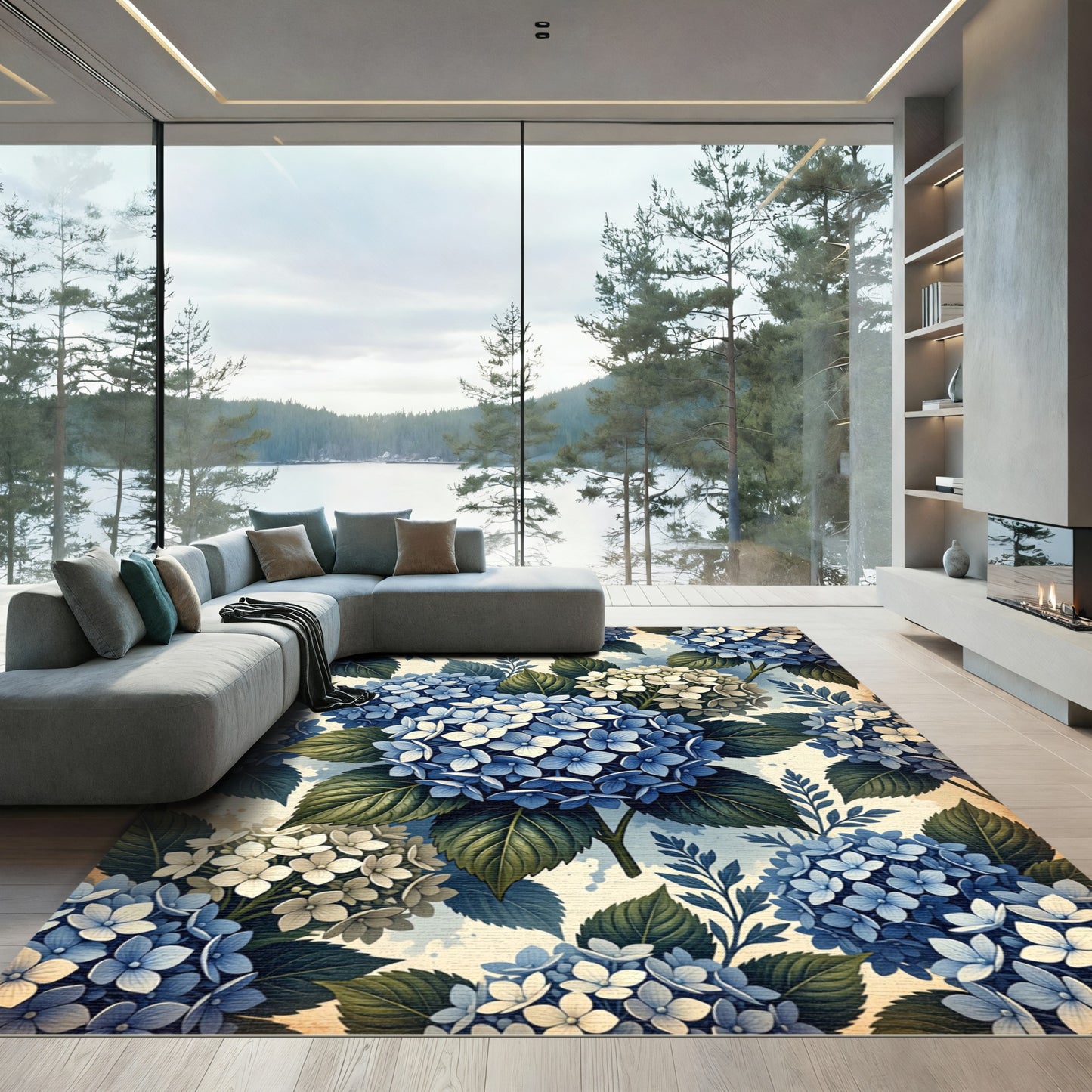 Blue Hydrangea Blossom Garden Watercolor Rug
