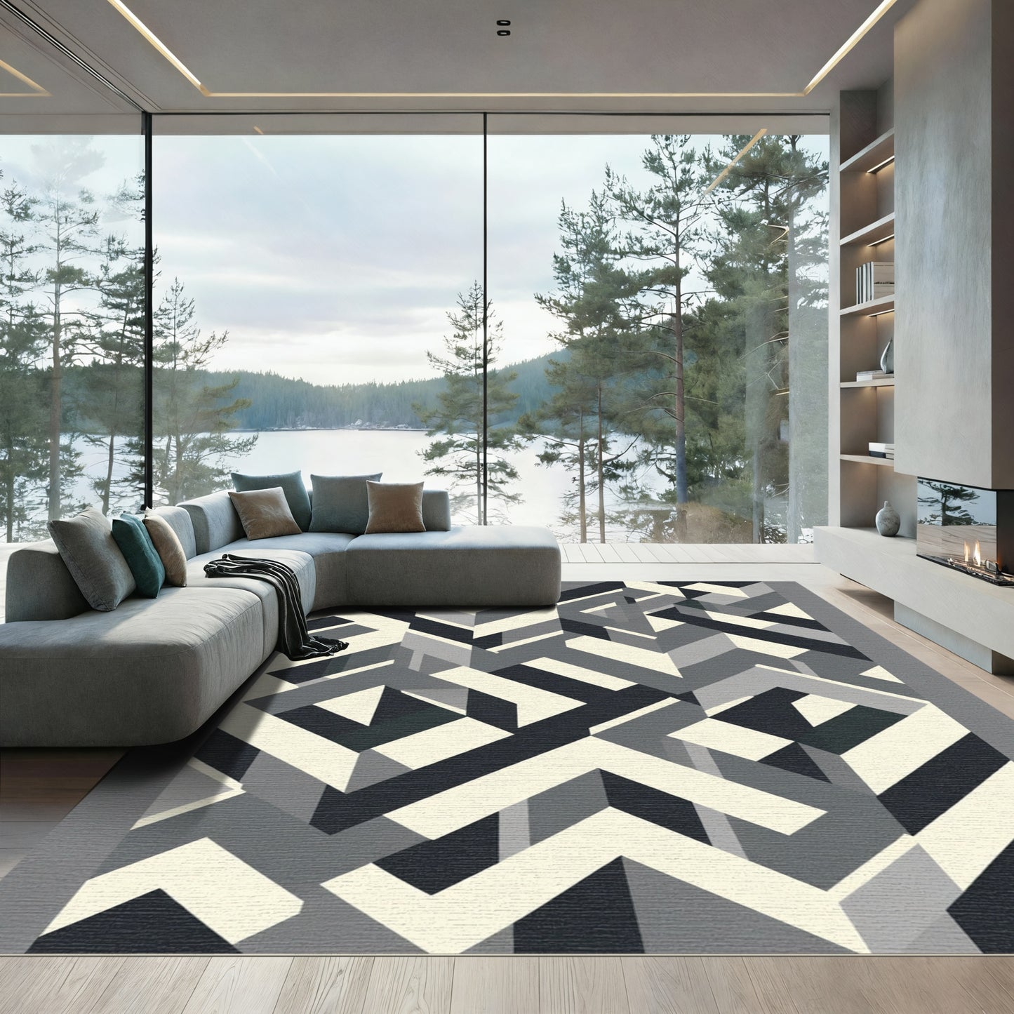 Monochromatic Geometric Interlocking Shapes Rug