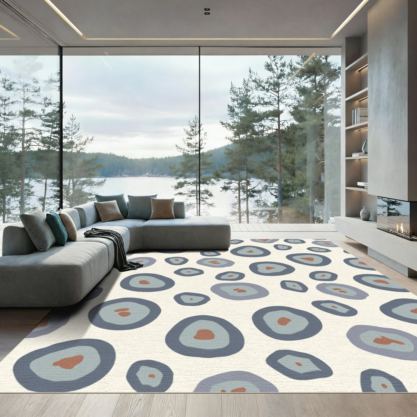 Abstract Blue Gray Ochre Circles Rug