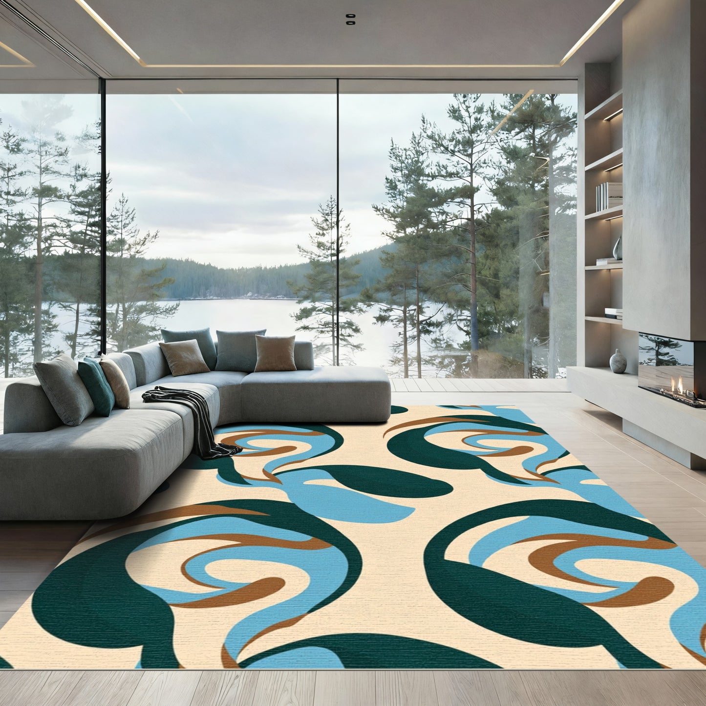 Abstract Teal Brown Swirl Form Rug