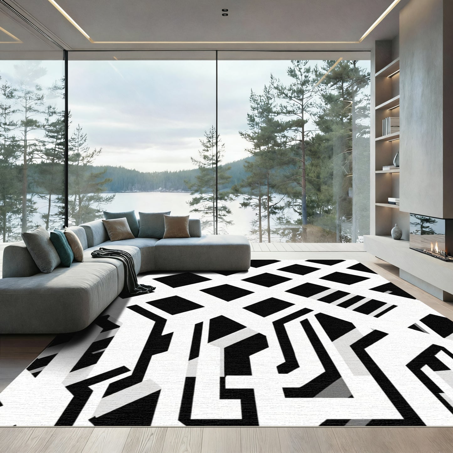 Bold Intersecting Lines Black White Rug