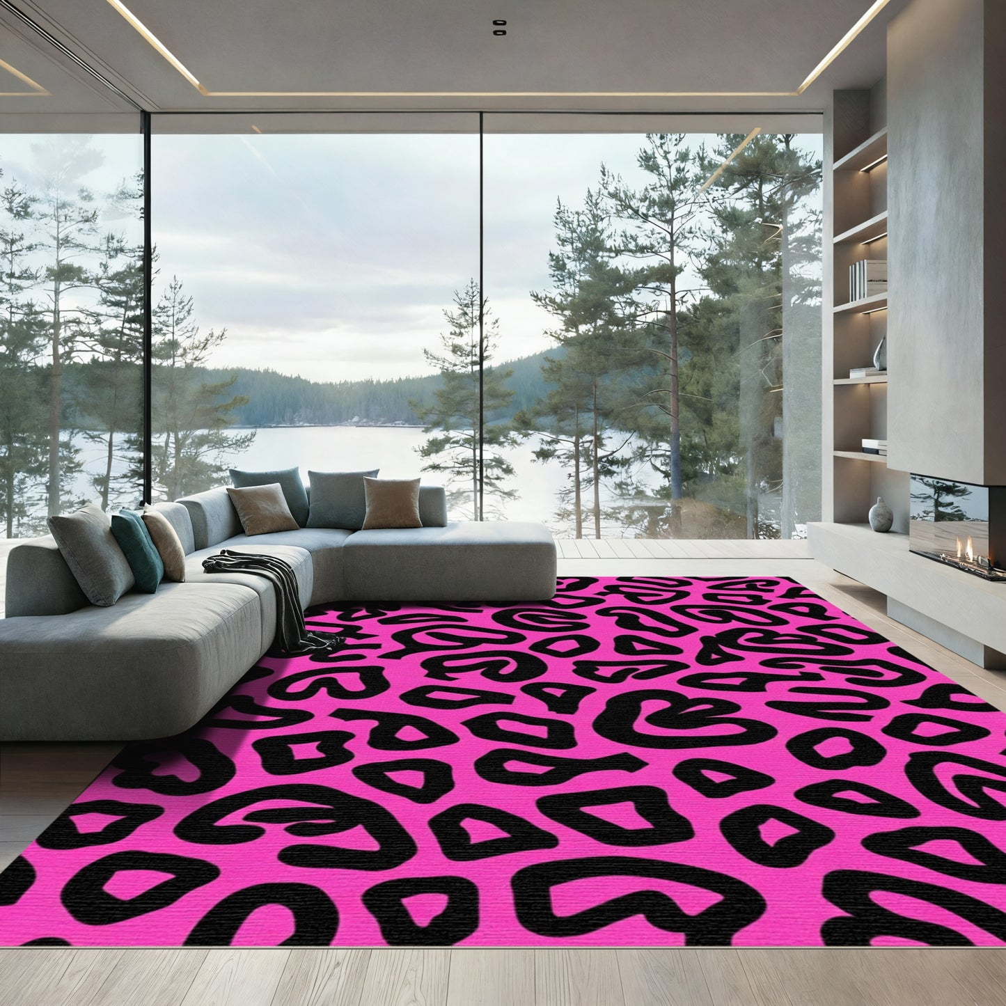Vibrant Pink Black Leopard Spots Rug