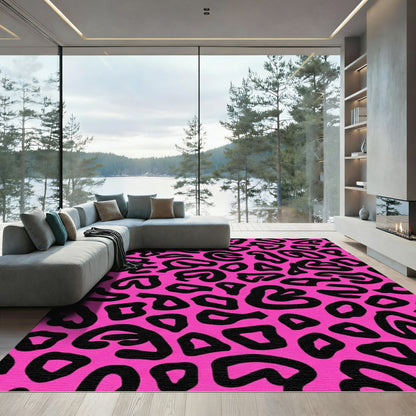Vibrant Pink Black Leopard Spots Rug