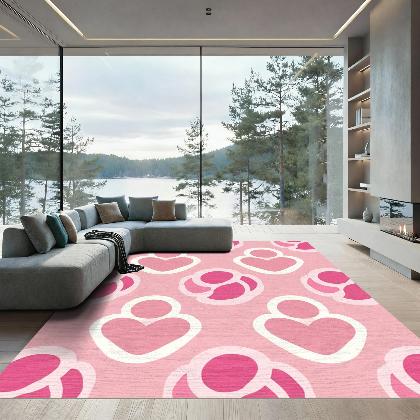 Pink Geometric Heart Flower Arrangement Rug