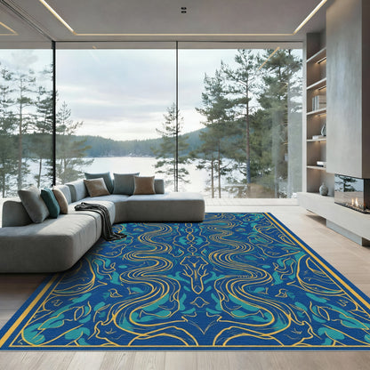 Deep Blue Golden Swirl Abstract Art Rug
