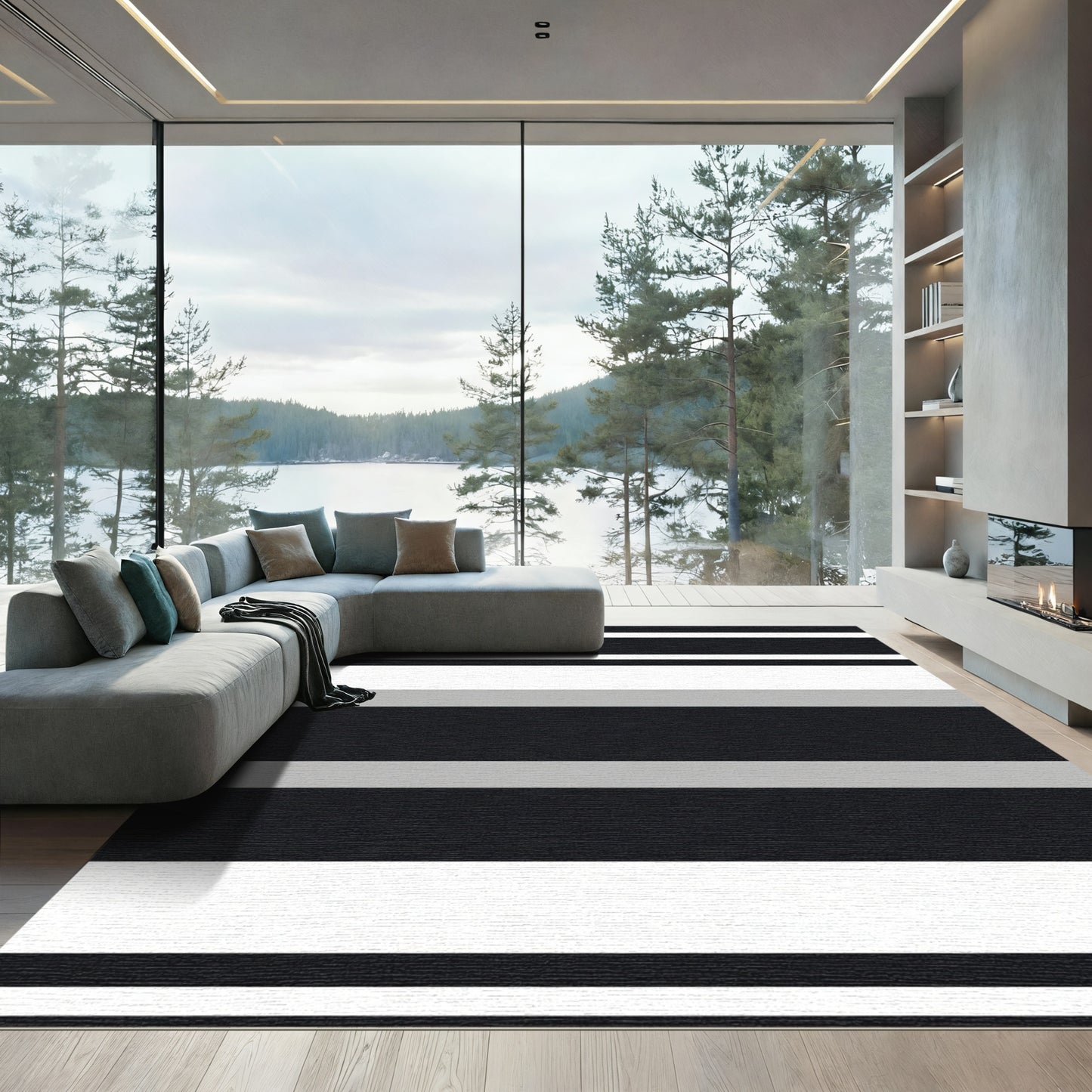Modern Black White Gray Stripe Rug