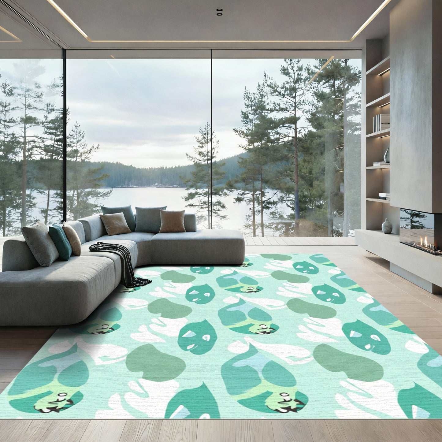 Aqua Blue Abstract Whimsical Faces Rug