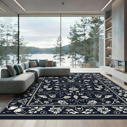 Cream and Navy Floral Whimsical Artful Rug
