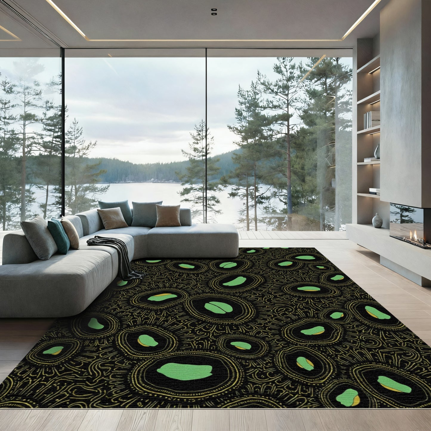 Black Gold Green Abstract Oval Rug