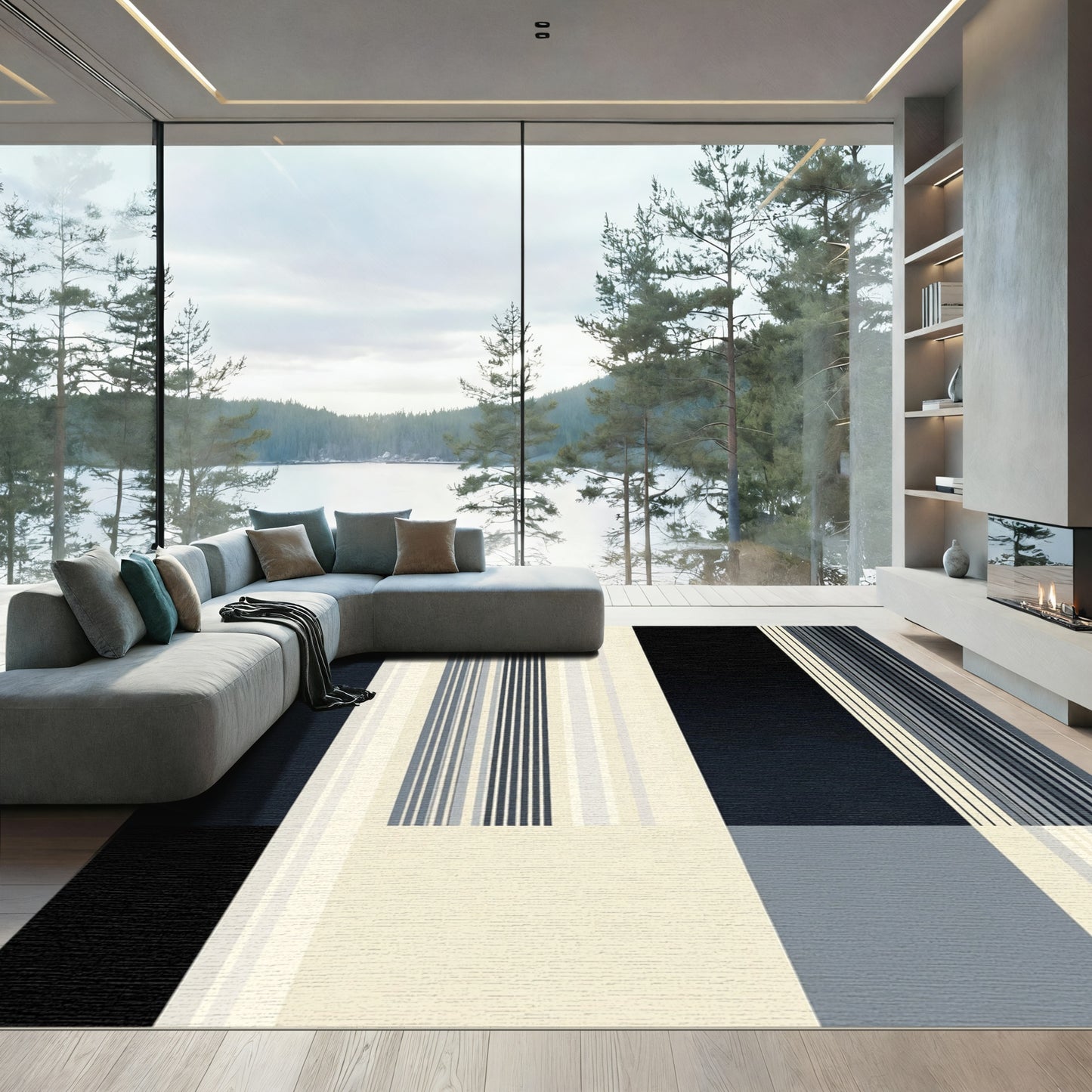 Modern Navy Cream Stripe Collage Rug