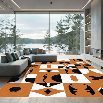 Modern Abstract Ochre Black White Shapes Rug